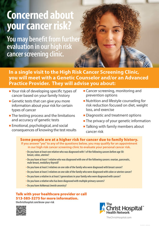 Genetic counseling poster from The Christ Hospital Health Network. Shows two lists. First list shows the nine topics you will be advised on during a genetic counseling visit. The second list shows the seven factors that may qualify you as high risk for cancer due to family history.